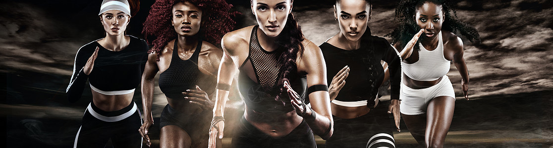 五名强壮的运动女性 短跑运动员 穿着运动服 健身和运动动机的深色背景跑步 赛跑者的概念起跑线训练海报日出广告女士有氧运动横幅竞赛图片