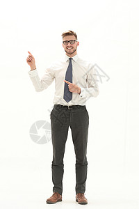 创意手指微笑的商务人士对白空间指手指尖成就领带展示愿望经理套装眼镜手势男人男性背景