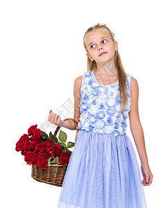 带一篮花的可爱小女孩植物假期花束公园草地花朵篮子场地家庭乐趣图片