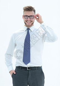 充满自信的商务人士肖像 在白色上被孤立成人微笑衬衫男人工作公司员工人士领带生意人图片