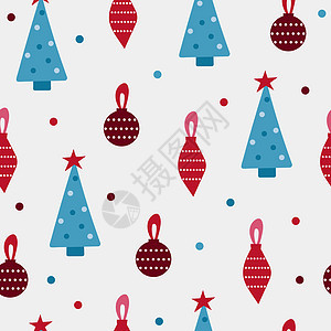 无缝矢量模式-圣诞树和圣诞玩具 红色和蓝色图片