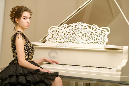 一个十几岁的女孩在弹白色大钢琴旋律学生训练学校钢琴家音乐会艺术闲暇青少年学院图片
