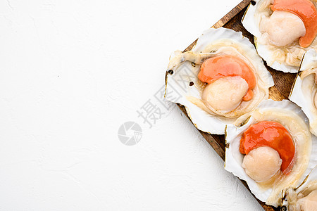 法国新鲜扇贝海产食品市场 在白石桌背景上 顶层视野平铺 有文本复制空间图片