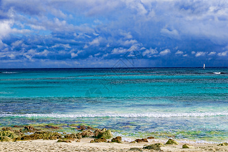 热带天堂 海滩 白沙和有云的蓝天空棕榈天线晴天海景情调支撑太阳日落蓝色天空图片