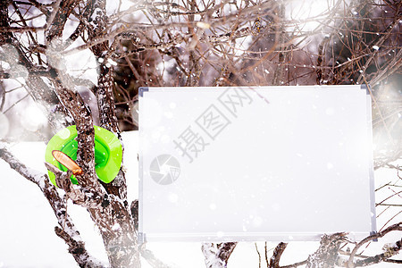 冬树上的白板小样团队雪花天气降雪横幅广告木头商业框架图片