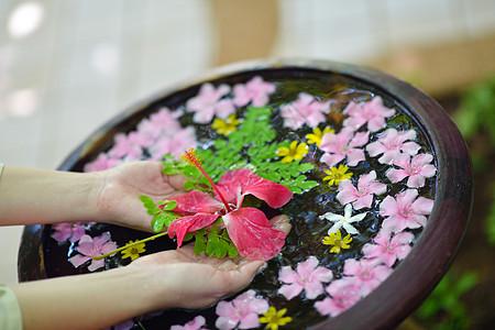 女性的手和水中的花花瓣皮肤福利疗法沙龙护理玫瑰奢华女孩治疗图片