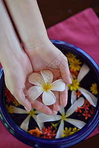 女性的手和水中的花奢华指甲治疗芳香温泉女孩美甲护理棕榈玫瑰图片