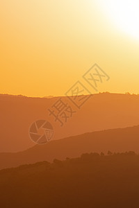 夏天的黄金日落曲线山脉森林天空太阳丘陵草地爬坡地平线风景图片
