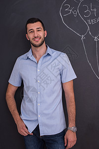 黑色黑粉笔板前的男子肖像男人成人冒充衬衫快乐商业情感商务姿势口袋图片