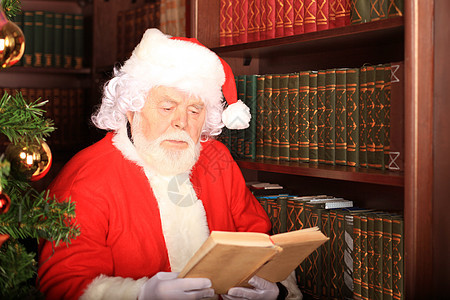 圣诞老人站在圣诞树旁 看一本书眼镜服装男人解雇男性假期传统胡须新年松树图片