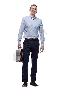 带着皮衣公文包的自信青年男子 在白色上被孤立正装广告牌购物成人商务管理人员咨询职业文件夹律师图片
