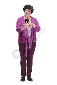 失去一位拥有智能手机的年长妇女 笑声紫色电话男人成人财产互联网尺寸技术销售老年图片