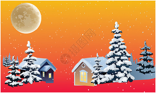 圣诞节晚上 在雪上可以看到几栋房子的景色庆典插图建筑森林城市季节艺术绘画假期雪花图片