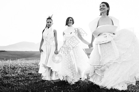 奔跑的新娘裙子团体花朵婚礼妻子朋友幸福女士快乐女性图片