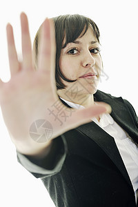 停下来女性人士女士棕榈情感套装黑发压力工人技术图片