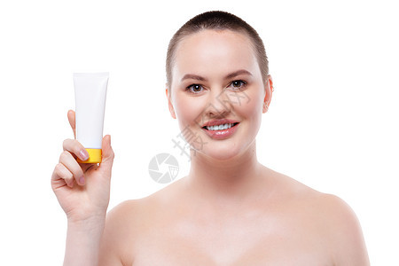 裸露肩膀和完美皮肤的美丽女子 展示了护肤产品瓶子女性女孩身体塑料白色护理温泉治疗图片