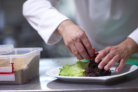 烹饪和装饰食品的厨房厨师男性食物职业盘子美食男人白色餐厅沙拉酒店图片