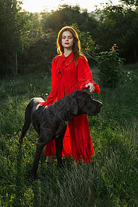 女人穿着红礼服 在田里和黑狗玩自拍拥抱闲暇头发女性裙子宠物魅力小狗微笑图片