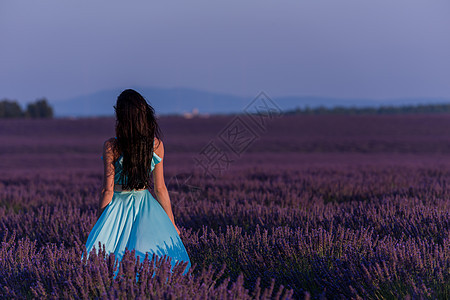 女性在熏衣草花田中天空喜悦场地女士头发草地晴天青色裙子蓝色图片