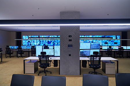 大型现代安保系统控制室的空内置安全系统控制室电脑控制板监控监视监督桌子物流技术监视器办公室图片