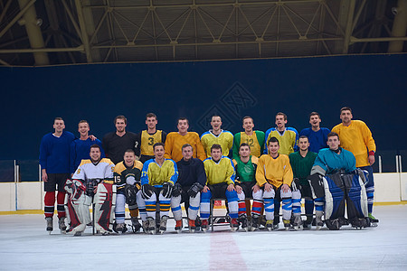 冰冰球运动员队肖像溜冰场竞技场头盔运动团队照片姿势运动员竞赛蓝色图片