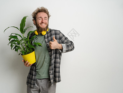 留着胡子的年轻英俊男子手持黄色花盆 里面种着植物 身着格子衬衫 脖子上戴着黄色耳机 与白色背景隔离 移动概念男人园艺男性快乐成人图片