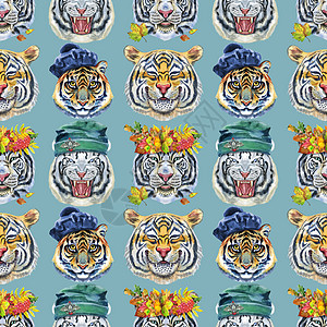 老虎图案装饰纺织品或壁纸的装饰服饰品 这是老虎面容的无缝图案艺术水彩野生动物动物墙纸打印贝雷帽插图野猫丛林背景