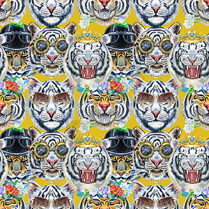 装饰纺织品或壁纸的装饰服饰品 这是老虎面容的无缝图案草图墙纸条纹插图头盔捕食者水彩丛林动物动物园图片