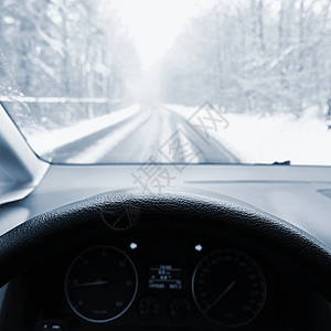 冬天开车 从司机的眼睛在雪路上的汽车内部查看 冬季驾驶安全的概念旅行天气危险镜子挡风玻璃车辆森林技术沥青车轮图片