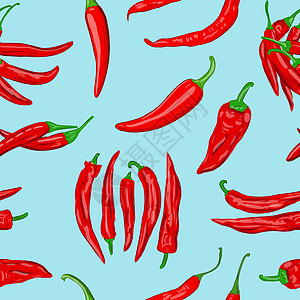 蓝色背景红热辣椒辣椒豆片的无缝模式的数字插图(Blue背景)图片
