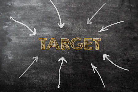 黑板上的箭头指向中心中的单词目标 营销研究概念 (掌声)图片