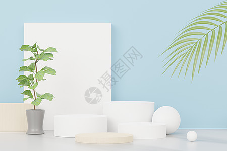 带有热带树叶和蓝色柔和植物场景的抽象基座讲台展示的 3d 渲染 广告的产品和促销概念 蓝色柔和的自然背景陈列柜化妆品工作室盒子插图片