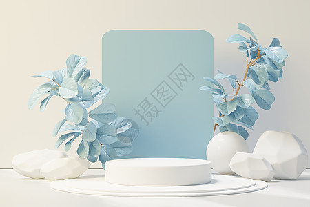 带有热带树叶和蓝色柔和植物场景的抽象基座讲台展示的 3d 渲染 广告的产品和促销概念 蓝色柔和的自然背景化妆品工作室圆柱推介会装图片