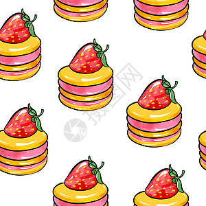 圆黄色 红色蛋糕 用草莓装饰 以白色孤立背景的草莓为标志性光滑无缝图案糖果烹饪饼干假期生日馅饼婚礼派对食物绘画图片