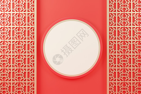 3d 将白色空圆筒框的顶部视图用于模拟和显示具有中华传统背景的产品家具圆柱奢华场景海报圆圈框架横幅小样装饰图片