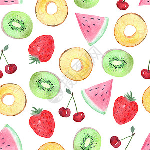 白色背景上的水彩热带水果和浆果无缝图案 菠萝 奇异果 樱桃 西瓜和草莓 用于织物 纺织品 包装的夏季印花图片