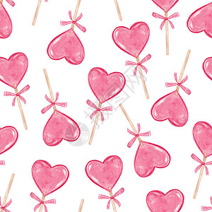 白色背景上的水彩粉色心形棒棒糖无缝图案 情人节打印 用于织物 纺织品 包装 墙纸 剪贴簿图片
