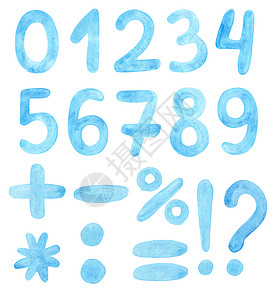 白色背景上孤立的水彩蓝色数字和数学符号数集图片