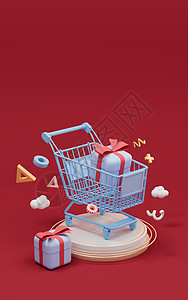 购物车和礼品 购物主题 3D铸造送货礼物商业盒子红色顾客服务大车消费者网店图片
