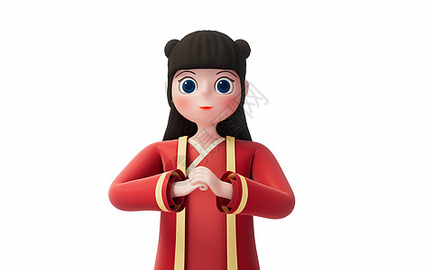 一个有白人背景的中国女孩 卡通人物 3D演艺庆典戏服女性祝福童年喜悦双手农历女孩新年图片