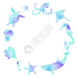 与水下动物和鱼在白背景上隔离的圆框 用于标识设计 纸牌边框装饰 世界海洋日横幅等图片
