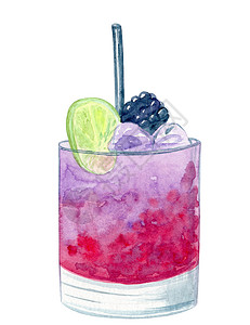 水彩手画紫鲜果鸡尾酒 白本上孤立的石灰图片