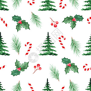 白色背景上的水彩圣诞树冬青和糖果手杖无缝图案 用于织物 纺织品 包装 剪贴簿图片