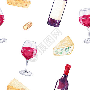 用于菜单设计 纺织品 餐巾纸 咖啡厅壁纸的白色背景白底面的水红红葡萄酒和奶酪模式图片