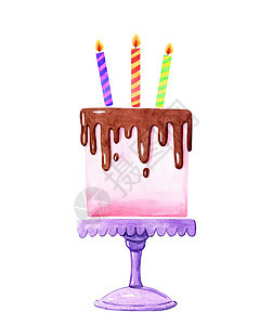 水彩手画了粉红生日蛋糕 上面有蜡烛 在站立白色背景的白脸台上与外界隔绝 用于设计生日贺卡图片