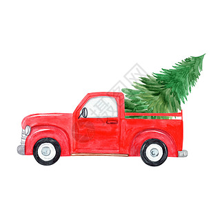 红色水色卡车 带有圣诞树 白色背景与世隔绝的白种树图片