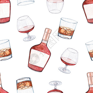 水彩威士忌酒瓶和玻璃杯 在白色背景上无缝的图案图片