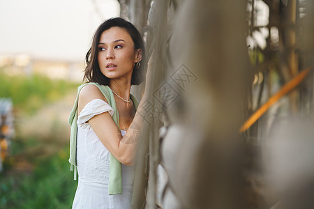 身着白裙子和绿水衣的亚洲妇女 在烟雾干燥棚附近摆姿势裙子烘干机国家白色农村绿色女性女孩草地冒充图片