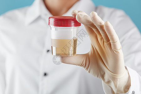医生拿着塑料袋的尿液 以供分析学习恐慌样本尿素实验室女士关心瓶子控制考试背景图片
