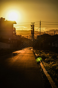 日落和电话杆晴天电线天空电源线街景环境居住区稻穗稻田房地产图片